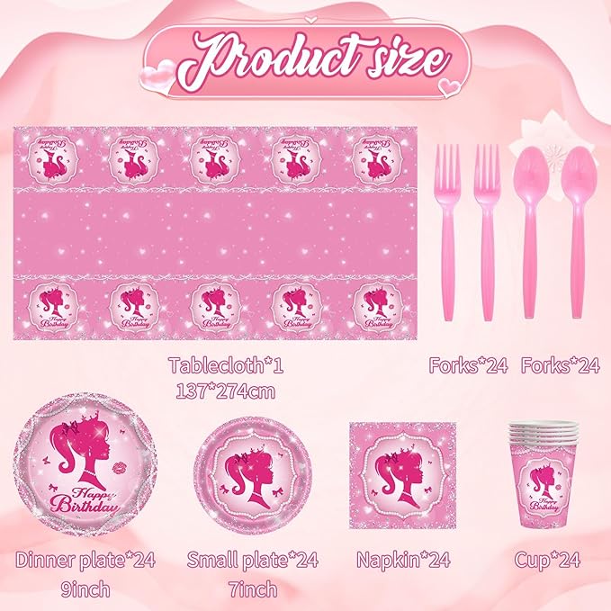170 Pcs Girl Party Plates for Princess Pink Party Decoration, Serves 24 Guests Plates and Napkins Cup Tablecloth Dinnerware for Princess Doll Theme Girl Birthday Party Tableware (24 Guests)
