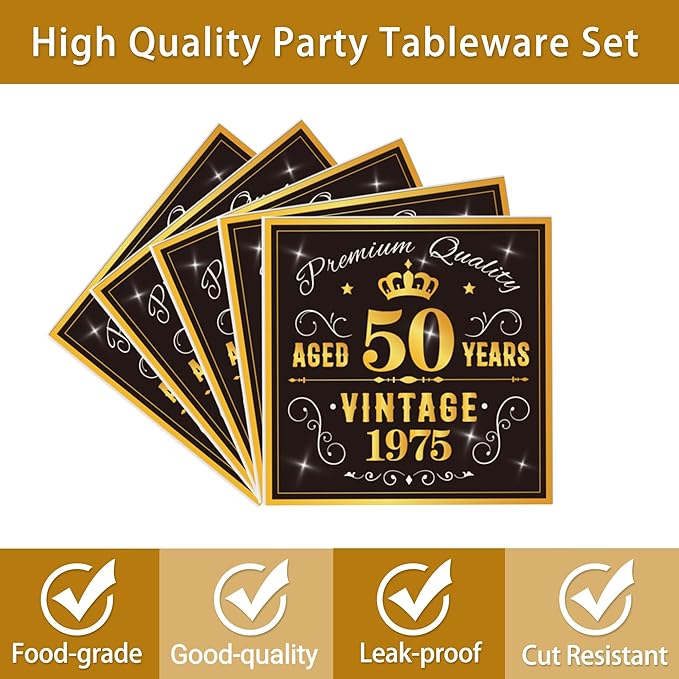 96PCS 50th Birthday Plates and Napkins Party Supplies 50th Birthday Decorations for Men 5oth Anniversary Decorations Vintage 1975 Party Tableware Sets Serve 24 Guests