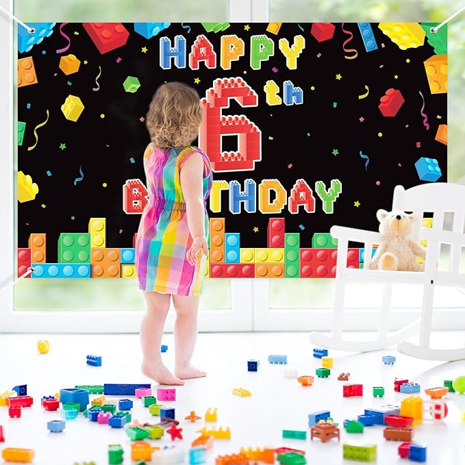 Panelee Building Block Birthday Banner Building Blocks Party Backdrop Decoration Happy Birthday Banner Photography Background for Party, 72.8 x 43.3 Inch(Black,6th)