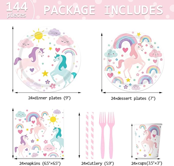 Unicorn Themed Party Decorations Supplies Rainbow Unicorn Themed Party Tableware Set Include Plates, Cups, Napkins,Cutlery and Straw for Baby Shower, Birthday Party Decorations Serves 24