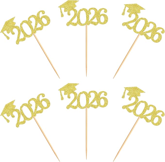 24 Pcs Graduation Cupcake Toppers 2026, Food/Appetizer Picks For Graduation Party Mini Cake Decorations, 2026 Cupcake Toppers(Gold)