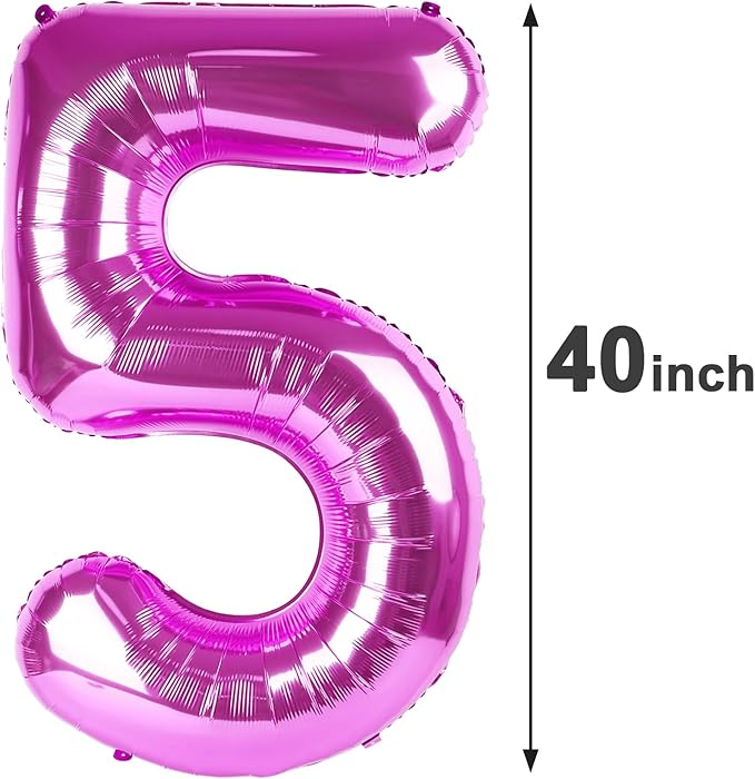 Rosy Purple 40 Inch Large Number 5 Birthday Balloon, Five 5th 15 25 35 50 55 Birthday Celebration Decorations, Rosy Purple Foil 5 Mylar Helium Balloons Girl Boy Anniversary Party Supplies