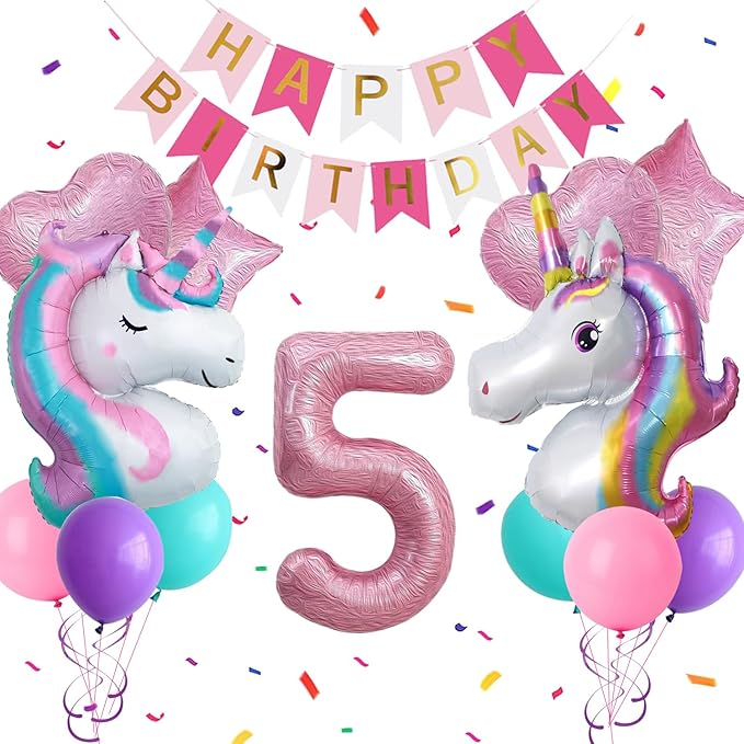 Yancan 5th Unicorn Birthday Decorations for Girls, 5 year old Girl Party Supplies with Happy Birthday Banner, Unicorn Balloons