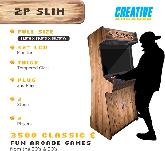 Creative Arcades Full Size Stand-Up Commercial Grade Arcade Machines | 2 Player | 3500 Games | 32" LCD Screen | 2 Sanwa Joysticks | Trackball | Woodgrain | 2 Stools Included | 3 Year Warranty