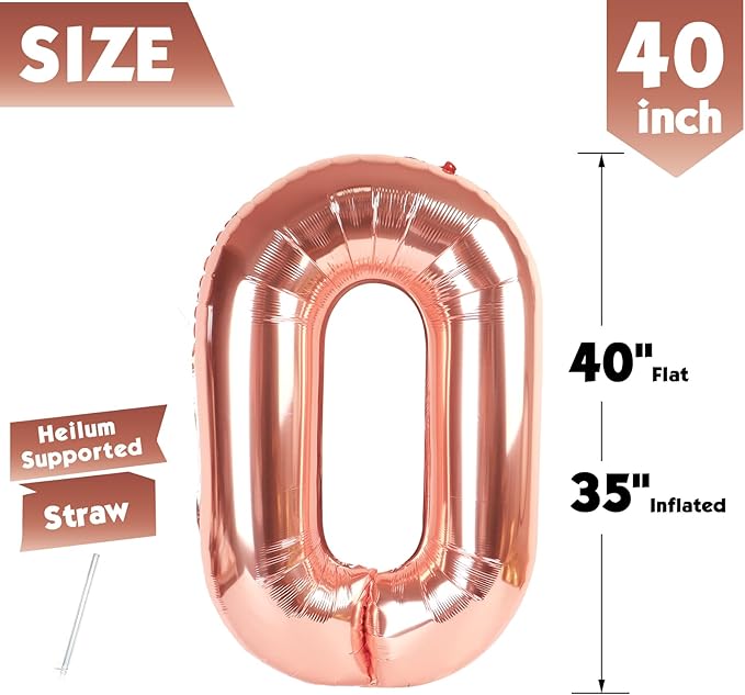 40 Inch Rose Gold Number 0 Balloon, Giant Number 0 Balloons for 10th 20th 30th 40th Birthday Decorations, Party Supplies for Baby Boy Girl, Rose Gold Party Decor