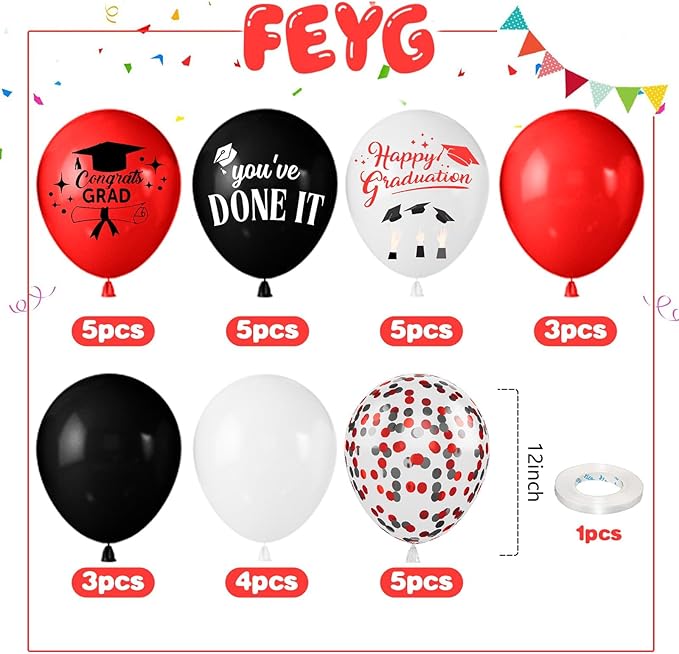 Red Black and White Balloons,12 Inch Print You've Done It Happy Graduation Balloon with Ribbon,for Graduation Class of 2025 Party Decoration Supplies