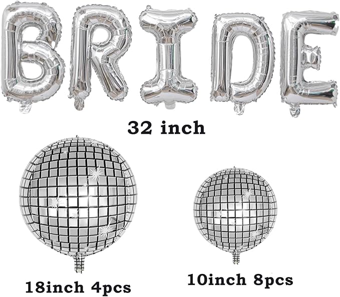 FBQ 32 Inch Bride Balloons Set Silver 4D Disco Ball Balloon Bachelorette Party Wedding Engagement Party Bridal Shower Decorations Supplies(13 Pcs)