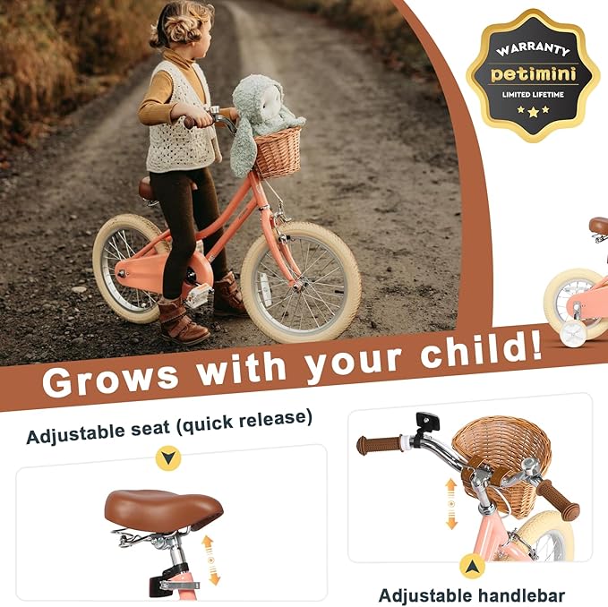 Petimini Vintage Kids Bike for Girls, 12–20 Inch Classic Bicycle with Wicker Basket & Bell, High Tensile Steel Frame, Training Wheels (12–18”), 85% Pre-Assembled, Retro Bike for Outdoor Riding