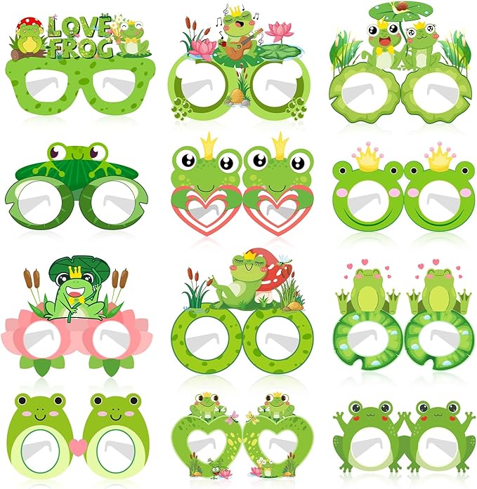 24 PCS Frog Party Paper Eyeglasses, Frog Party Favors Decorations Supplies, Frog Birthday Party Decorations Gifts Photo Booth Props for Kids Boys Girls