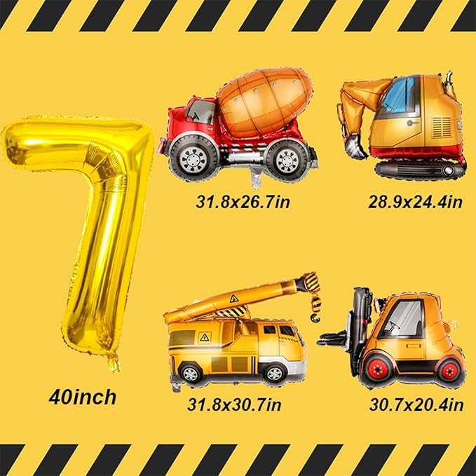 Large Gold Number 6 Balloons, Construction Truck Foil Balloons for Boys 7th Birthday Party Decorations