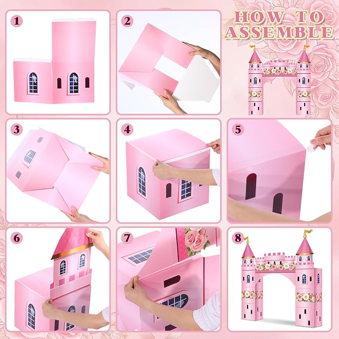 Pajean 9 Pcs Princess Party Decorations 43 x 60 Inch Pink Princess Cardboard Castle Playhouse Kit Floral Castle Fort Set Girl Birthday Centerpiece for Bridal Shower, Tea Party, Wedding Decor