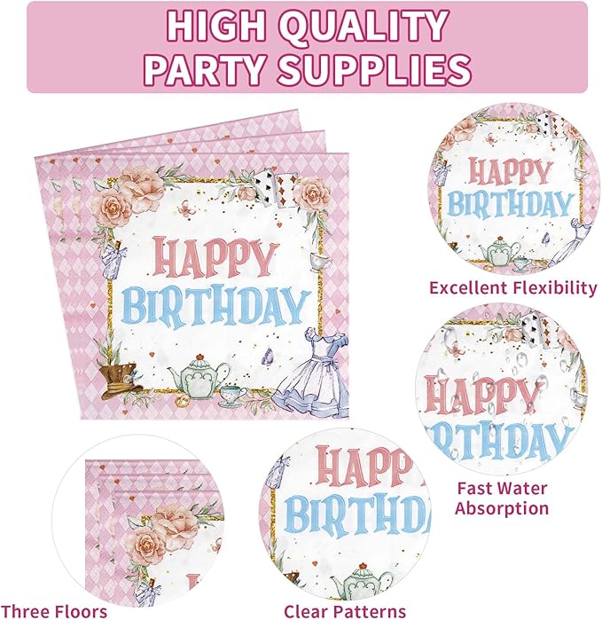 Grencian 96Pcs Onderland First Birthday Party Supplies Onederland 1st Birthday Plates Napkins Forks Disposable Tableware Set for Girls One Year Old birthday Decorations Tea Party Baby Shower Serve 24