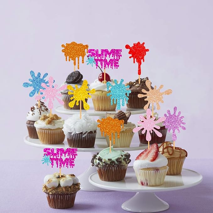 36 Pieces Glitter Slime Cupcake Toppers Colorful Painted Slime Cupcake Decorations for Slime Themed Birthday Party Art Themed Party Supplies