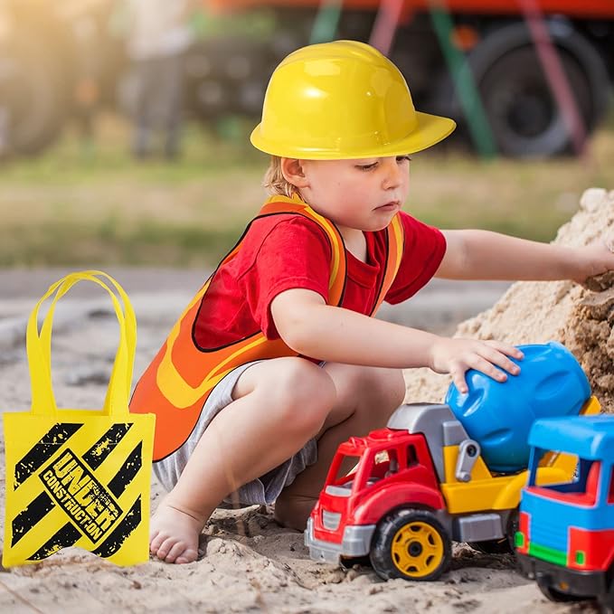 Hillban 72 Pcs Kids Construction Worker Costume, Construction Vests Set for Kids Including 24 Vests 24 Hats and 24 Tote Bags Theme Birthday Party Supplies for Birthday Party Costume Favor