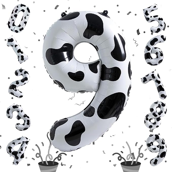 40 Inch Number 9 Balloons for Boys, Cow Print Giant 9th Birthday Party Number Balloons Decor, Self Inflating Foil 9 Balloons for Girls Farm Animal Theme Cowboy Cowgirl Theme Party Decorations Supplies