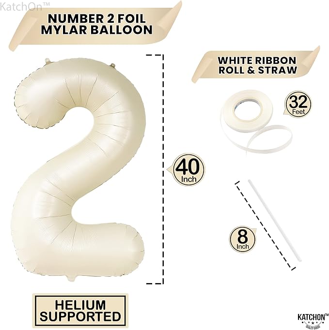 KatchOn Cream White Number 2 Balloon - 40 Inch, 2nd Birthday Party Decoration, Reusable, Unisex