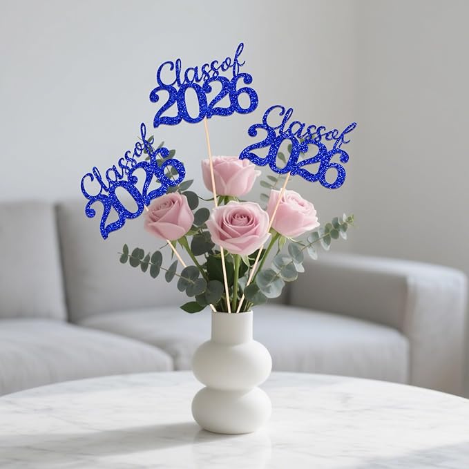 Blue Class of 2026 Double-sided Graduation Table Centerpieces, 12 Pcs Grad Party Decorations with Sticks, Graduation 2026 Party Supplies for Table Decor