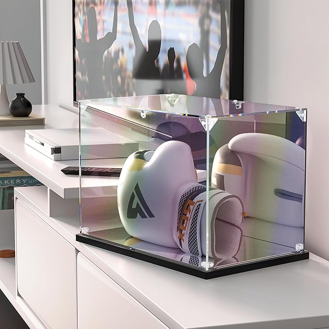 Boxing Glove Display Case with Mirror Back and Base, Acrylic Display Case for Full Size Boxing Glove, Watch The Video to Assemble (14x9.5x8.7 inch, 35x24x22 cm)