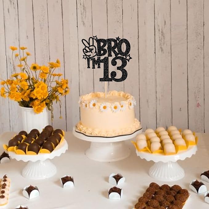 1 PCS Brother I'm 13 Cake Topper Glitter Star Happy 13th Birthday Cake Pick Bro I'm 13 Cake Decoration It's My 13th Birthday Decorations for Boys Cheers to 13 Years Old Birthday Party Supplies Black