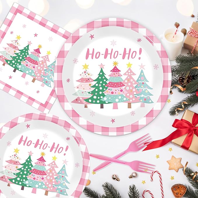 CHUNNIN 96Pcs Pink Christmas Trees Paper Plates and Napkins Xmas Watercolor Party Decorations Pink Xmas Trees Disposable Tableware Set for Kids Girls Winter Holiday Birthday Home Party Supplies
