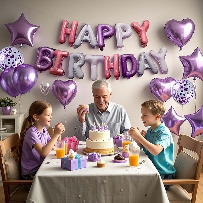 27 Pcs Purple Birthday Decorations, 3D Letters Purple Happy Birthday Balloon Banner, Pentagram Heart Foil Balloons Confetti Balloons Kit For Boys Girls Party Supplies