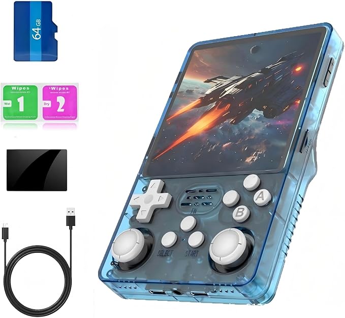 R36Plus Retro Handheld Gaming Console, Portable Retro Game Console,4.0" IPS Screen, Support 15000+ Games/26+ Emulator, Handheld Emulator(Transparent Blue/64G)
