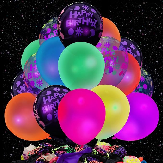 LovesTown 66PCS Glow Balloons Assortment, 12" UV Neon Latex Decorations Happy Birthday Fluorescent Balloons for Birthday, Wedding & Glow Party Supplies