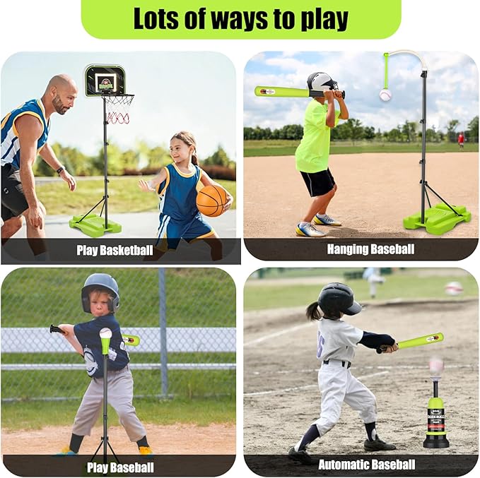 4 in 1 Kids Basketball Hoop and Tball Set for kids 3-5, Adjustable Height Toddler Basketball Hoop, Hanging Tee Baseball with Automatic Pitching Toddler Birthday Gift Outdoor Toys for 3-12 Years Old