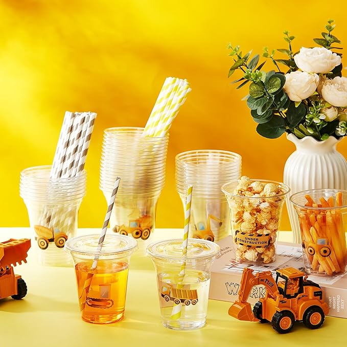 Boao 36 Sets Watercolor Construction Party Cups with Lids and Paper Straws 14 oz Disposable Clear Plastic Cups Bulk for Construction Birthday Party Favor Supplies Decorations
