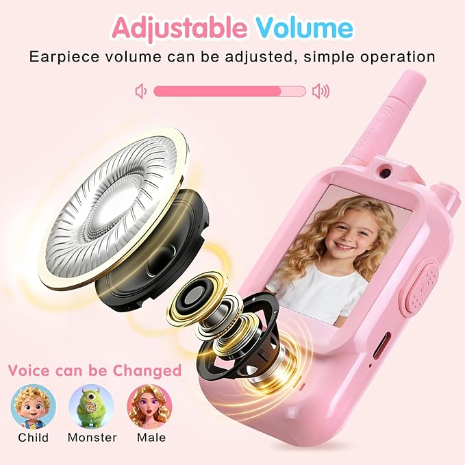 Video walkie-Talkie, 2 Sets of Rechargeable walkie-talkies, Voice Converter, 1000 feet Communication Range, Indoor Entertainment, Camping, Traveling, Birthday Gift (Blue/Pink)