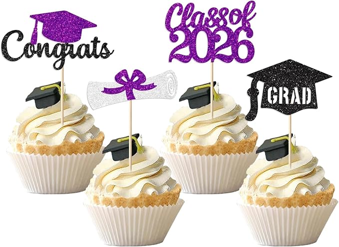 Purple Graduation Cupcake Toppers Decorations Class of 2026 Cupcake Topper Graduation Cup Cake Picks Congrats Grad Party Decor Supplies Set of 24