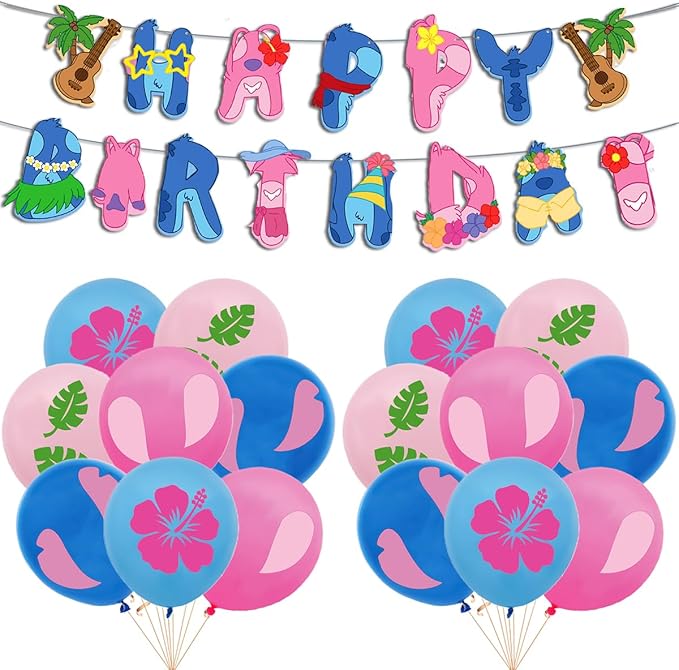 Cartoon Party Decorations, Blue Luau Birthday Banners, Palm Leaves Balloons,Cake Toppers