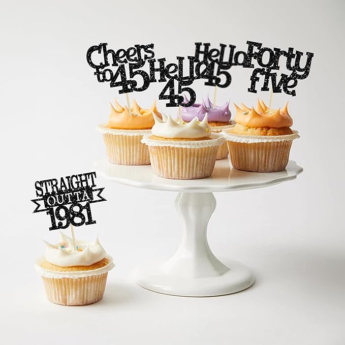 Ephlyn 24Pcs 45th Birthday Cupcake Toppers Glitter Straight Outta 1981 Cupcake Picks Hello 45 Cheers to 45 Years Cake Decorations for 45th Birthday Anniversary Party Decorations Supplies Black