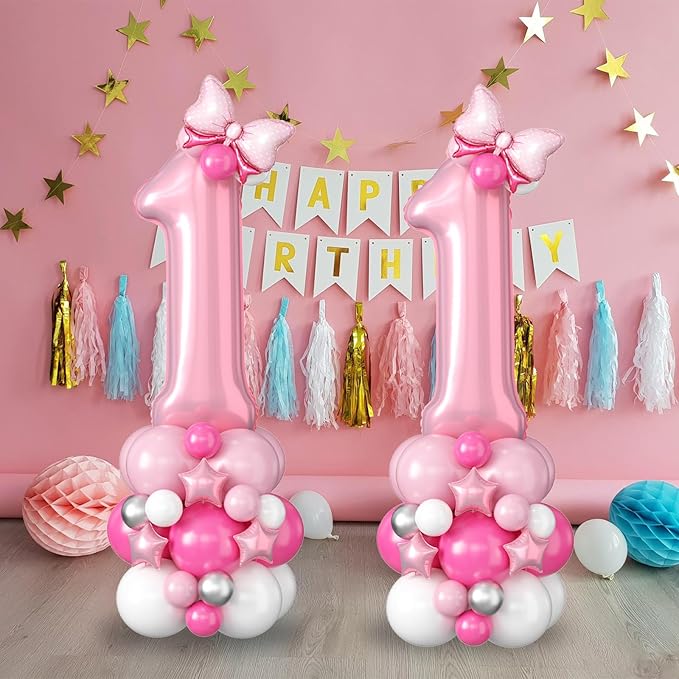 40 Inch Pink Number 1 Balloon for 1st Birthday Decorations Pastel Baby Pink Number One Foil Balloon Tower Giant Large Digit Hot Pink White Helium Balloons Stack for Girls First Anniversary Party
