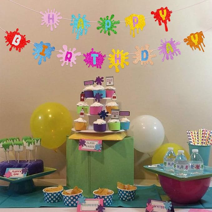 Slime Happy Birthday Banner Painting Pennant for Art Theme Baby Shower Party Decorations Supplies