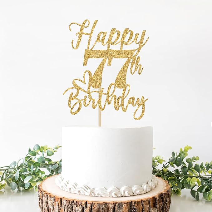 Happy 77th Birthday Cake Topper, 77th Birthday Decorations for Men/Women, Cheers to 77 Years, Hello 77, 77th Happy Birthday Party Supplies Gold Glitter