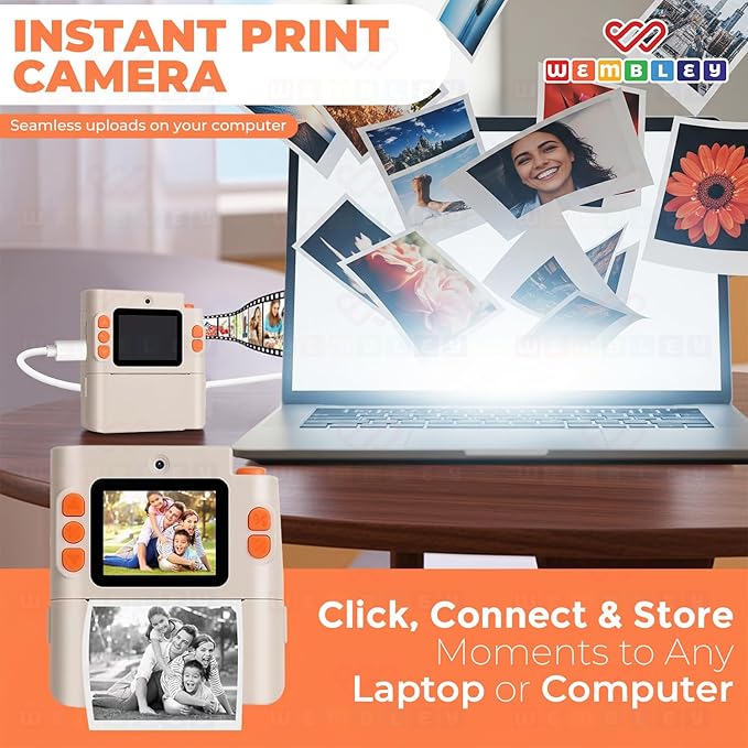 Wembley Kids Camera Instant Print | Birthday Gift Toys for Boys & Girls 3–10 Years | Unicorn Digital Dual Lens Toddler Camera Thermal Printer | 48MP 1080P Selfie & Video | 16X Zoom 32GB SD Card -Cream