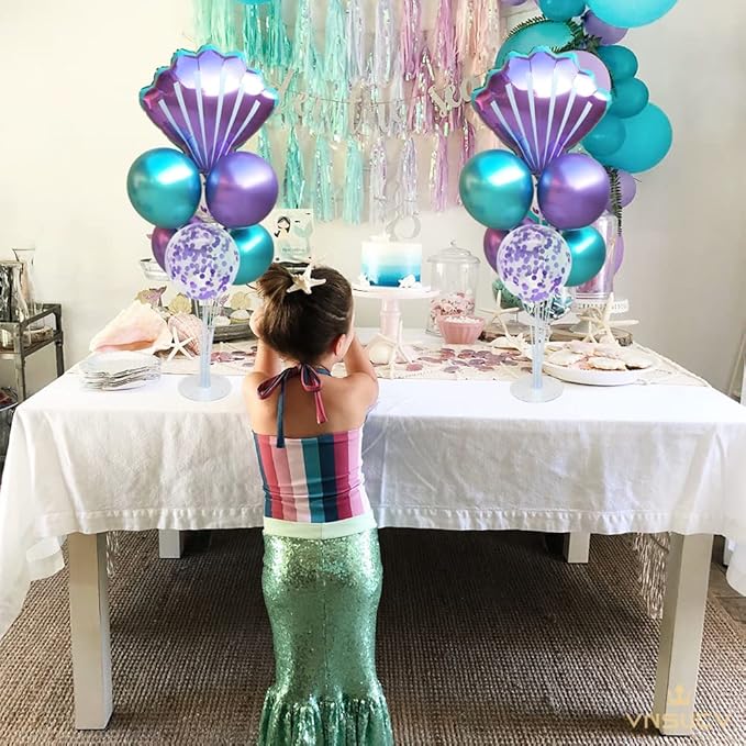 Mermaid Table Centerpiece Balloons Stand Kit 2 Sets with 2 Sea Shells Foil Balloons 14 Purple Blue Latex Balloons for Birthday Beach Mermaid Theme Sea Theme Party Mermaid Birthday Decorations