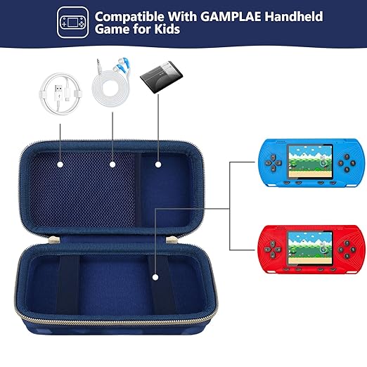 Carrying Case for GAMPLAE Handheld Game for Kids, 258 Retro Video Games Portable Gaming Player Storage Holder Travel Bag with Mesh Pocket for 3 Game Cards, Earphone,USB Cable, Blue