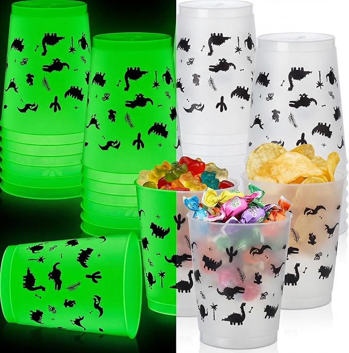 48 Pcs Glow in Dark Dinosaur Cups for Party Favors 12 oz Dinosaur Reusable Plastic Cups Bulk Dino Frosted Tumblers Gifts for Dino Themed Birthday Party Supplies Glow in The Dark Decorations
