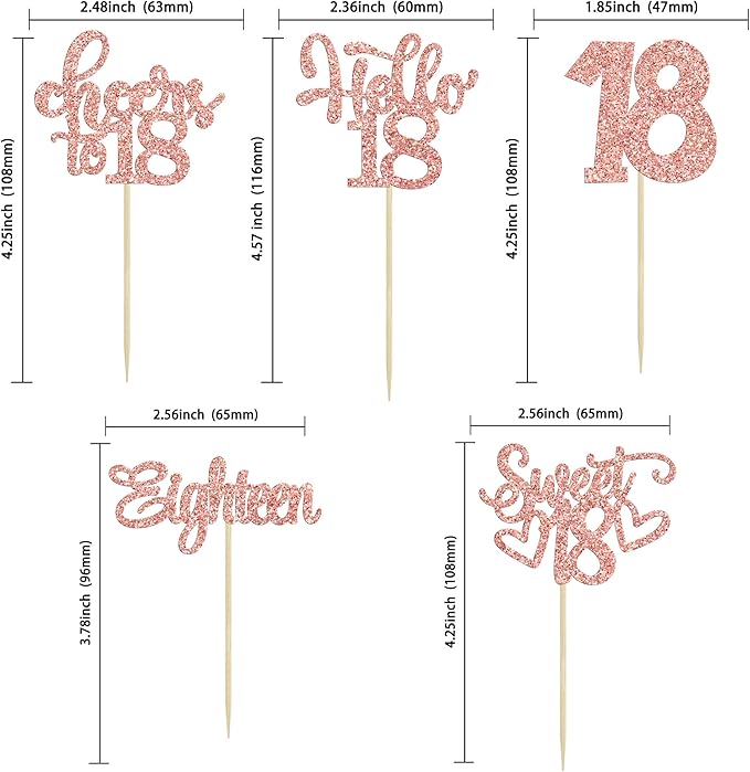 30Pcs18th Birthday Cupcake Toppers Eighteen Happy 18th Cupcake Picks Sweet 18 Cheers to 18 Cake Decorations for 18th Birthday Anniversary Party Supplies Rose Gold Glitter
