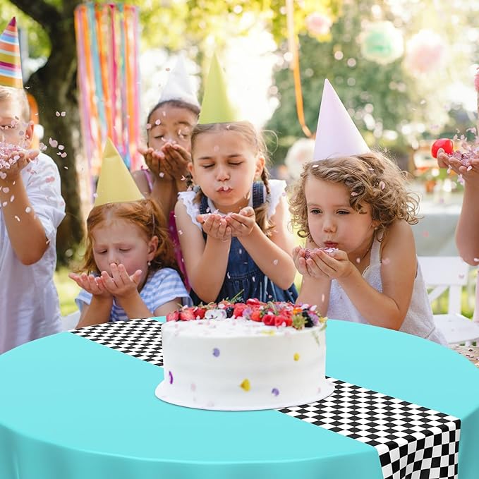 Oudain 3 Pcs Cars Birthday Party Supplies Racing Party Decorations Round Racing Tablecloth Checkered Flag Table Covers Road Plastic Table Cloth, 84" Blue
