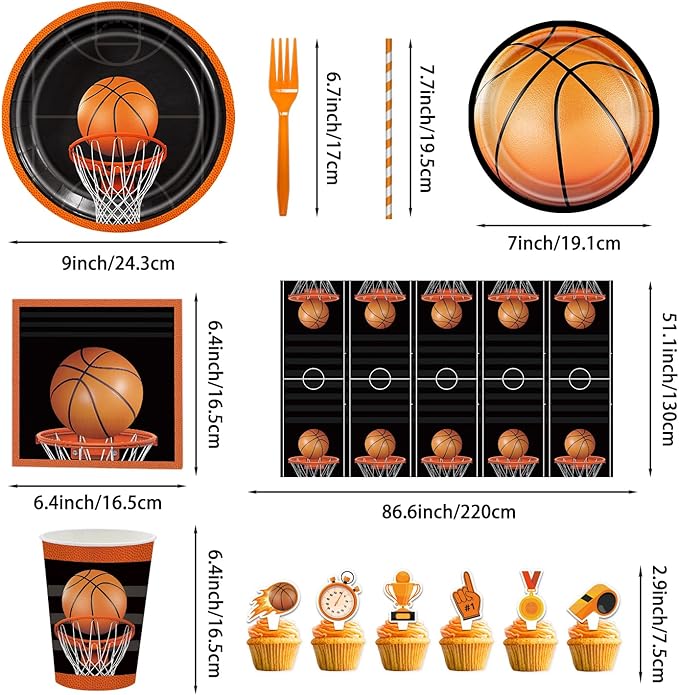 Basketball Birthday Party Decorations - 160PCS Basketball Party Supplies with Banner, Balloons, Hanging Swirls, Plates, Napkins, Cups, Forks, Straws, Tablecloths, Cake Topper, Cupcake Toppers
