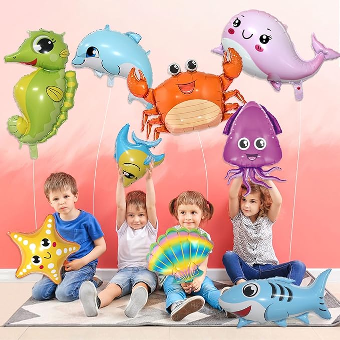 9 Pcs Sea Animal Balloons, Under The Sea Decorations, Creature Shark Dolphin Whale Fish Crayfish Octopus Ocean Foil Balloons, Under The for Ocean Theme Party Decorations