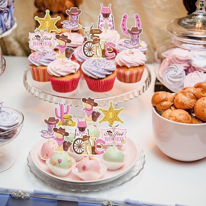 My First Rodeo Decorations Girls, 36PCS Western First Rodeo Cupcake Toppers Birthday Decor, Cowgirl 1st Birthday Party Decor Supplies