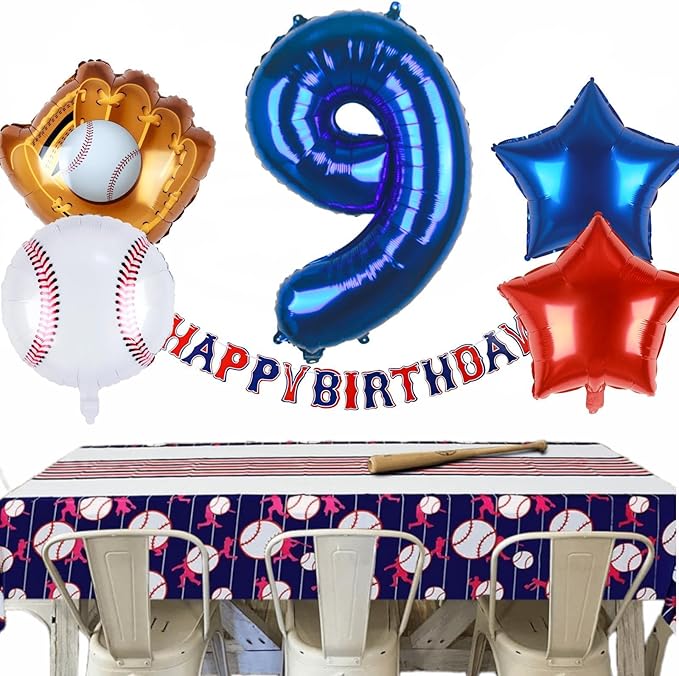 Baseball Balloons 9th Birthday Decorations for Boys | Baseball Birthday Decoration Sports Theme Party Supplies, 32Inch Foil Mylar Number 9 Balloon Navy Blue Red White Sports Balloon Arch Kits