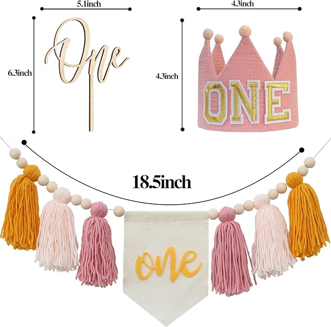 Baby Girls Pink Yellow 1st High Chair Banner Wood Bead Tassel Garland Crown Hat Wooden Cake Topper Birthday Party Decorations