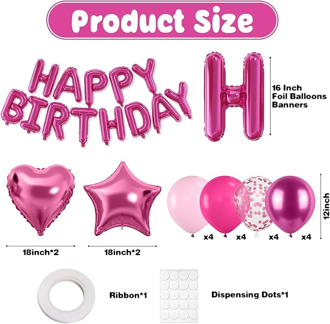 29PC Hot Pink Happy Birthday Balloon Banner, 16 Inch 3D Letter Banner Sign, Pink Hot Pink Metallic Balloons 18 Inch Star Heart Foil Balloons for Women, Girls Party Decorations