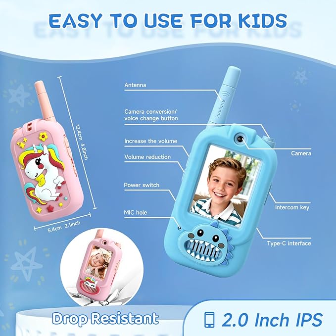 Video Walkie Talkies for Kids, Handheld 2 Pack Rechargeable Video Intercom Kids Walkies Talkies, Indoor Outdoor Toys for Family Games, Outside, Camping, Hiking for Boys Girls Ages 3-12 (bd/pu co)