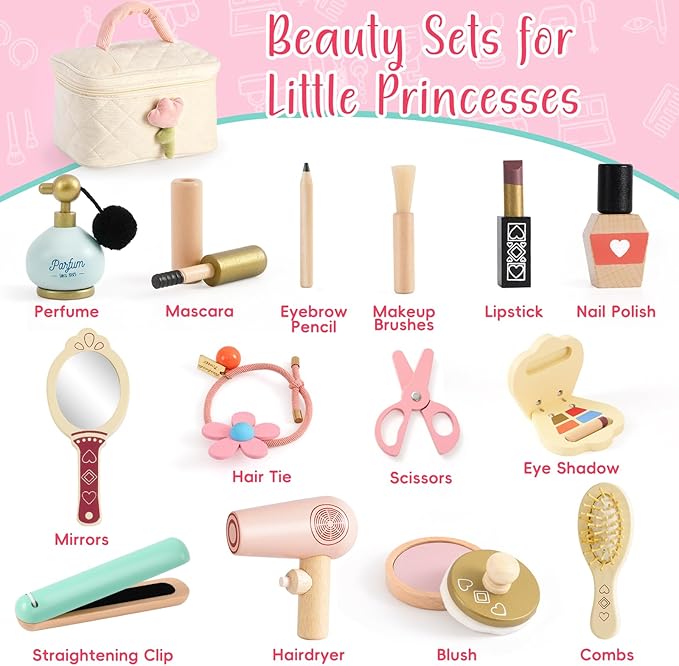 Atoylink Wooden Makeup Toy Set, 15Pcs Hair Salon Girl Toys Toddler Pretend Play Makeup Kit with Plush Makeup Bag Princess Beauty Realistic Accessories for Girls Age 3 4 5 6 Birthday Gifts